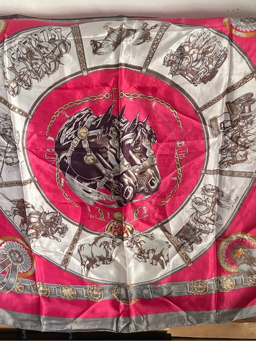 Hermes Pink and Silver Equestrian Horse-Head Silk Scarf